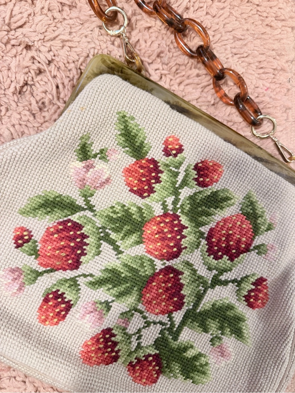 Vintage Strawberry Floral Needlepoint Top-Handle Bag - Ivory - Picture 6 of 6